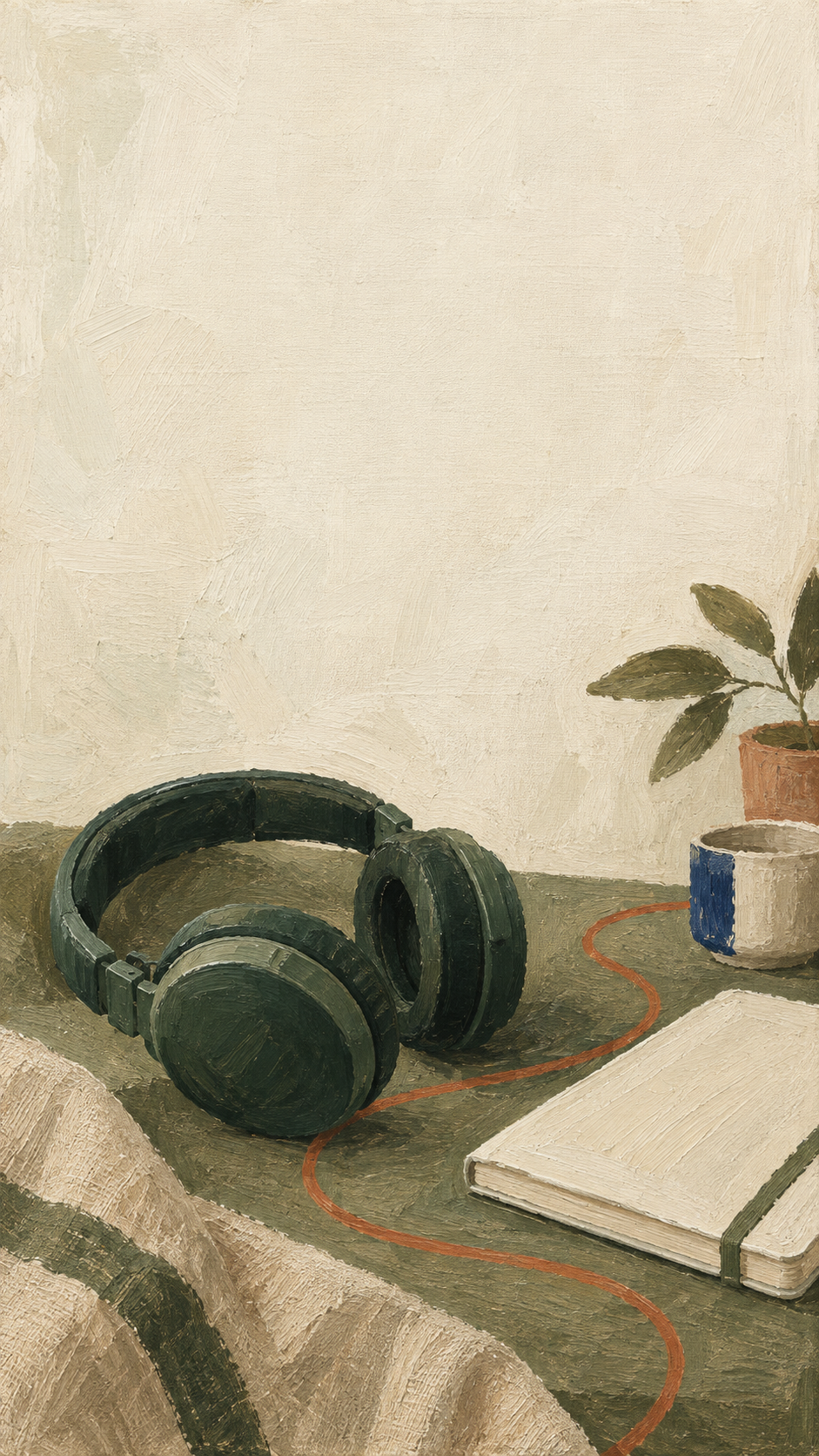 Casque, carnet et tasse peints sur une toile texturée
